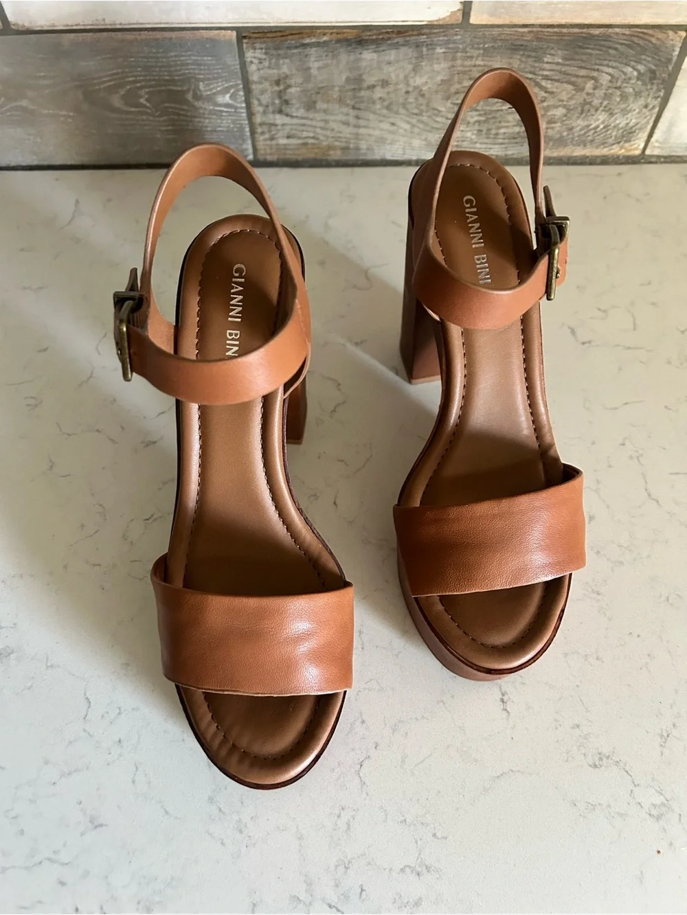 Gianni Bini Leather Platform Heel Sandals in Rich Caramel